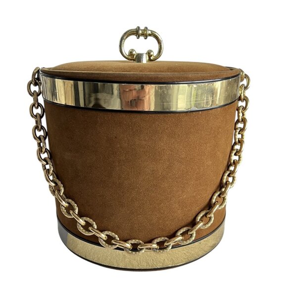 Gorges Briard Camel Suede Ice Bucket Brown Gold Tone Chain Handle MCM Barware
